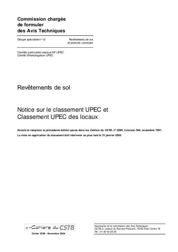 Revetements de sols Notice sur le classement UPEC et Classement UPEC des locaux Revetements de sols Notice sur le classement UPEC et Classement UPEC des locaux